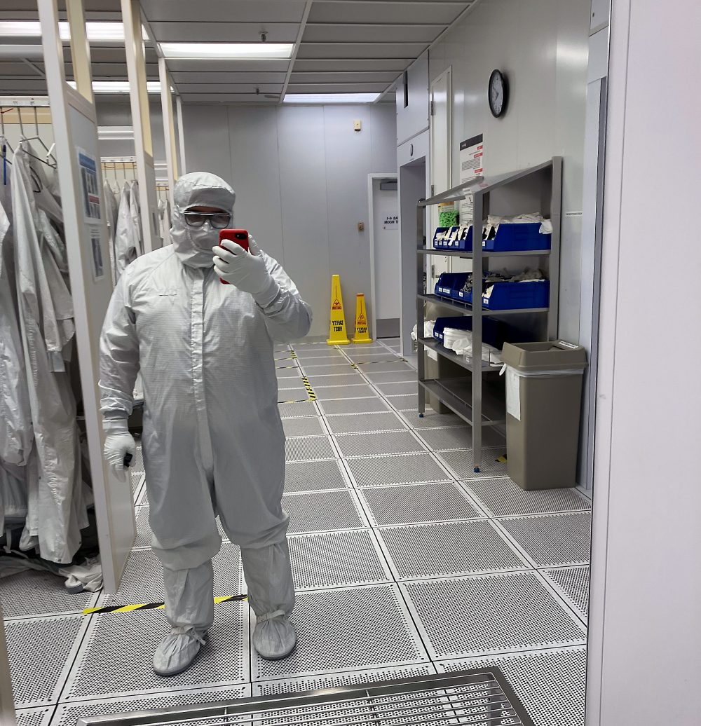 Gowned up at his new job at Microchip Technology in Gresham.