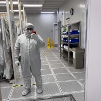 Gowned up at his new job at Microchip Technology in Gresham.