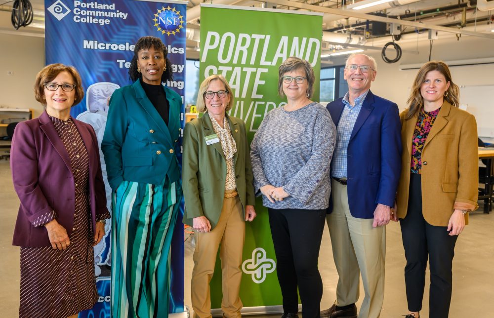 From left, Congresswoman Suzanne Bonamici, PCC President Adrien Bennings, PSU President Ann Cudd, State Sen. Janeen Sollman, Oregon Business Council's Duncan Wyse and Intel's Courtney Martin