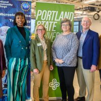 From left, Congresswoman Suzanne Bonamici, PCC President Adrien Bennings, PSU President Ann Cudd, State Sen. Janeen Sollman, Oregon Business Council's Duncan Wyse and Intel's Courtney Martin