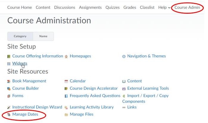 Find Manage Dates tool under Course Admin link on the NavBar