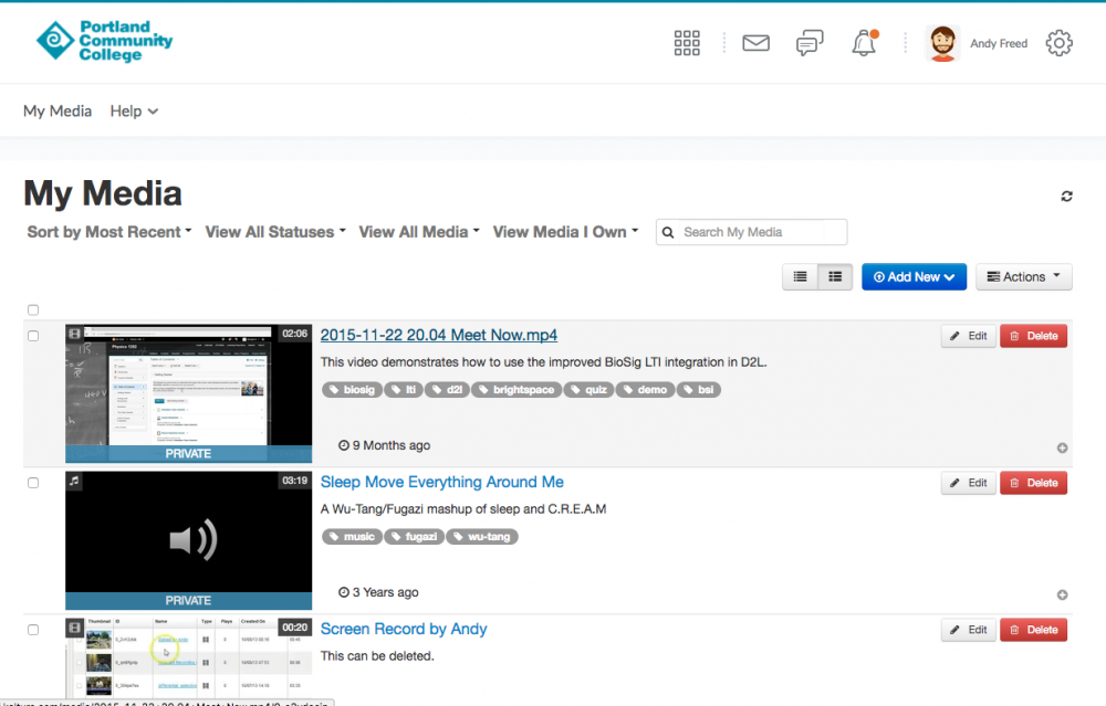 a preview of the My Media tool in D2L