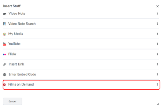 Screenshot of Insert Stuff screen and choosing Films on Demand