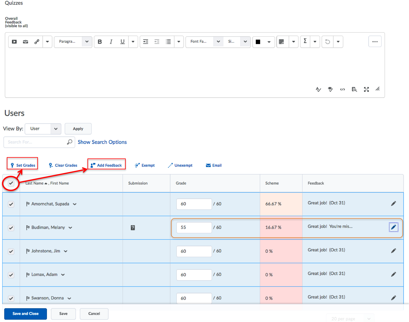 Check the box at the top to select all students and click Set Grades or Add Feedback to quickly enter the same grade and feedback for all students. Click Save and Close when you're done.