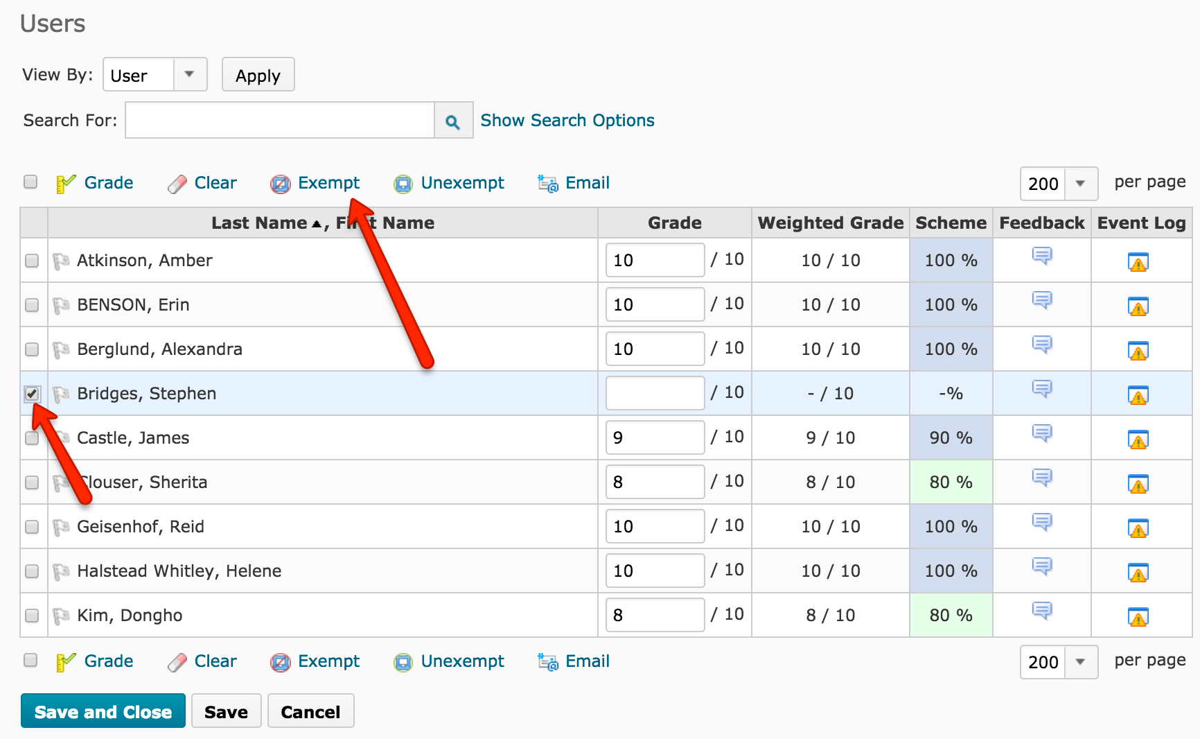 To exempt student's grade: Check the box next to the student's name and click Exempt at the top of the list.