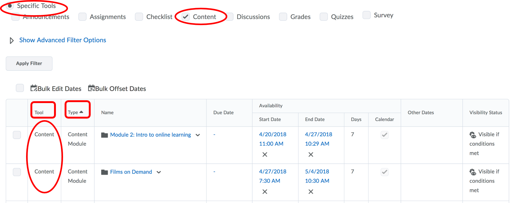 access- Selecting Content Modules ine the Manage Dates tool