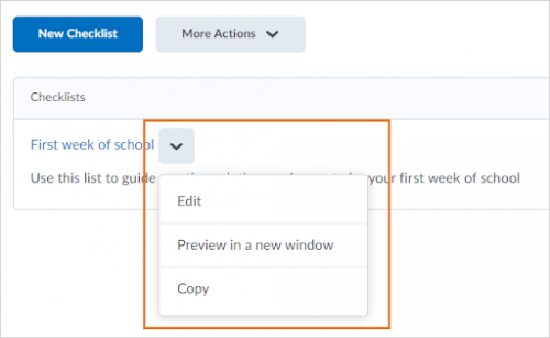 The copy option appears in the drop-down menu for a checklist