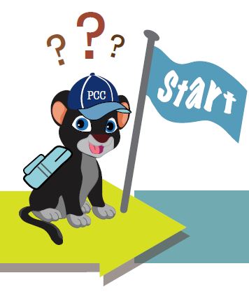 A cartoon panther with a backpack and PCC baseball cap next to a blue flag that says "Start"