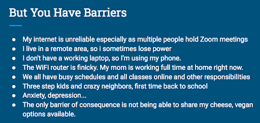 Slide showing input from students about barriers to meeting in Zoom