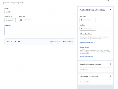 The new assignment creation interface in D2L.