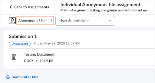 Anonymous marking in Assignments displays learners as Anonymous User [#] instead of by username. 