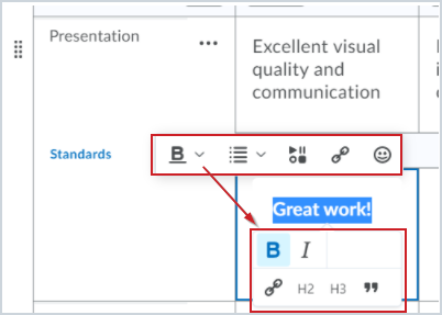 The Brightspace Editor in the Rubrics Feedback field 