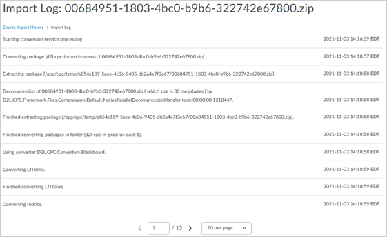 The new import log in the Course Import/Export tool