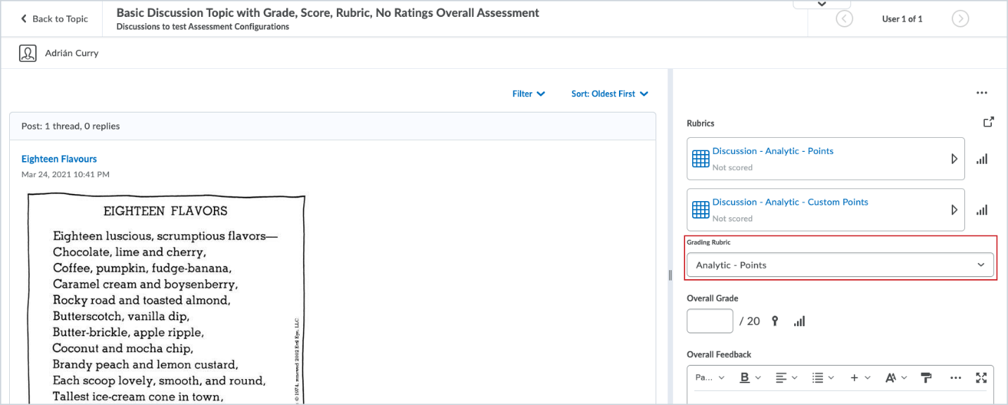 The new Discussions evaluation with the Grading Rubric drop-down.