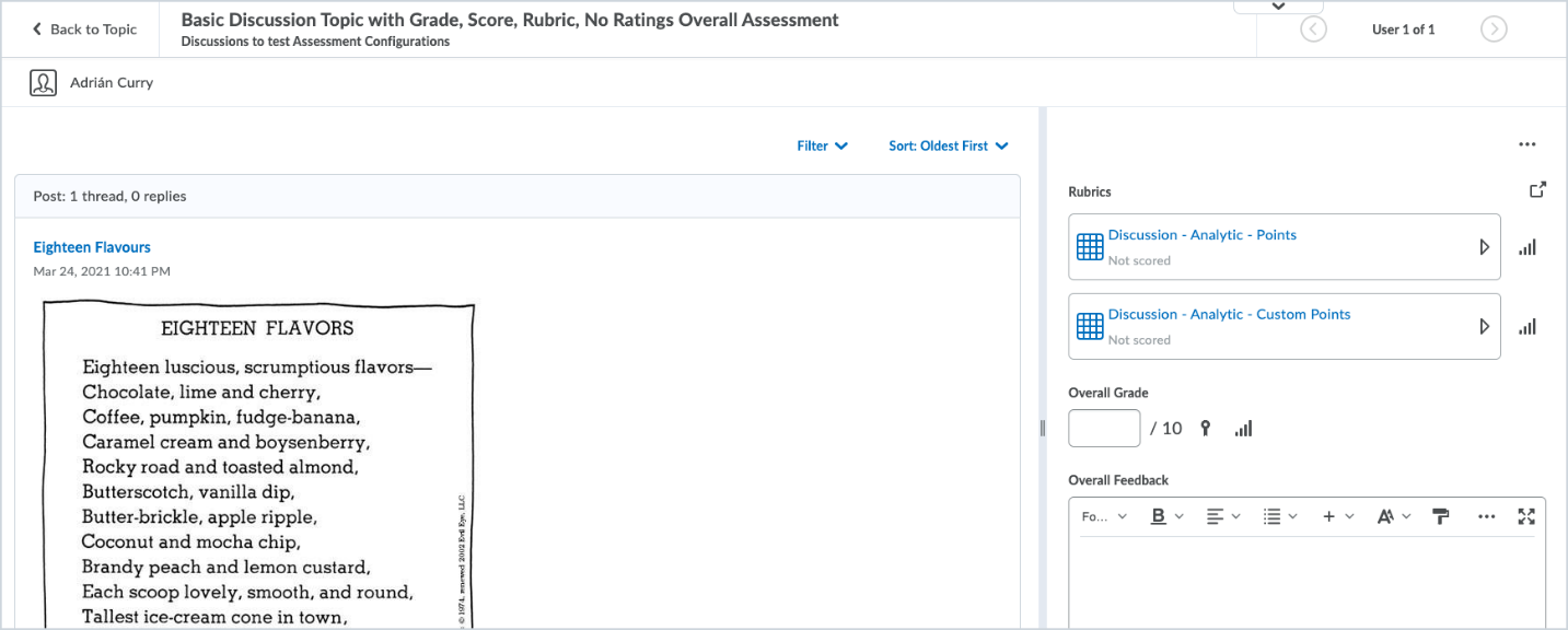 The previous Discussions evaluation without the Grading Rubric drop-down.