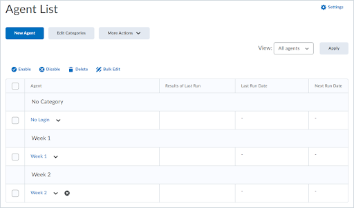 The new Intelligent Agent List page, with the bulk edit and category management functionality.