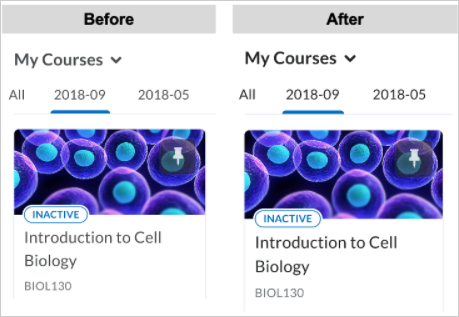 Before and after showing the updated font color visible in the My Courses widget. 