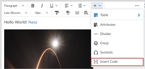 Brightspace Editor with the Other Insert Options menu opened, with Insert Code as the final menu option.