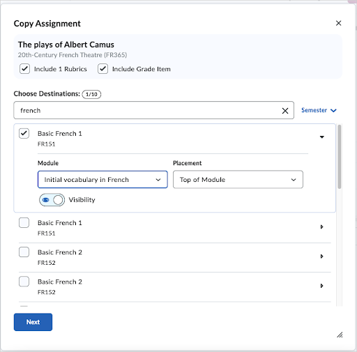 Copy Assignment dialog showing course destinations.