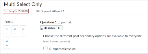 Learner view of a quiz attempt in progress before this update, displaying the recommended time limit.