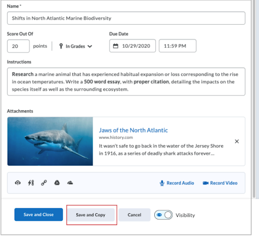 The Save and Copy option in Assignments that opens the Copy Assignment dialog, which replaces the old Save option.