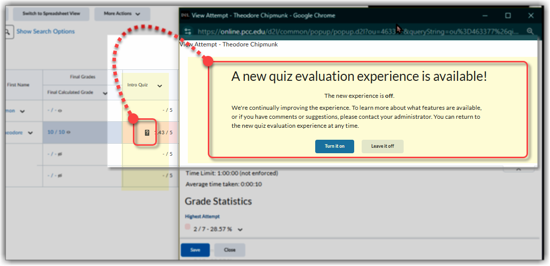 Display of the new Quiz Evaluation Experience drop-down and opt-in display, button to "Turn it on" (blue on left) or "Leave it off" (grey button on right), highlighted with a red box to indicate importance.