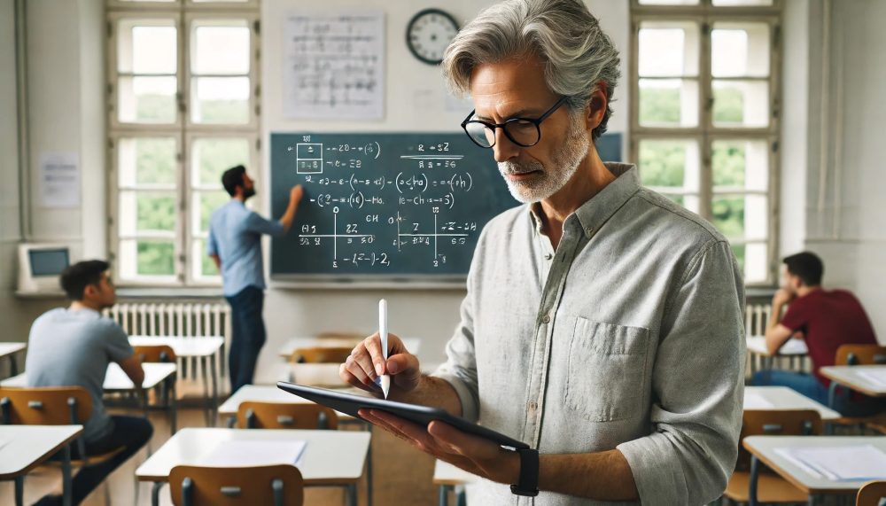 DallE generated image. An older male instructor with gray hair and glasses stands in front of a college classroom. He is using a tablet computer with a pen to annotate a math assignments.