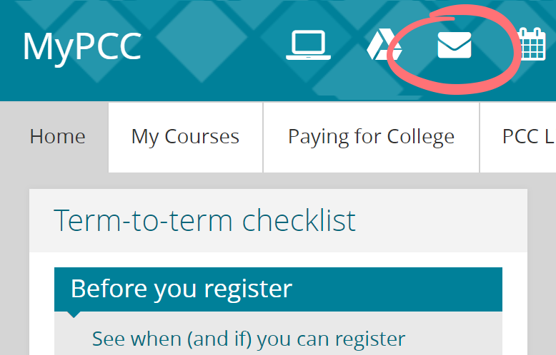 Screenshot of MyPCC with the email icon circled
