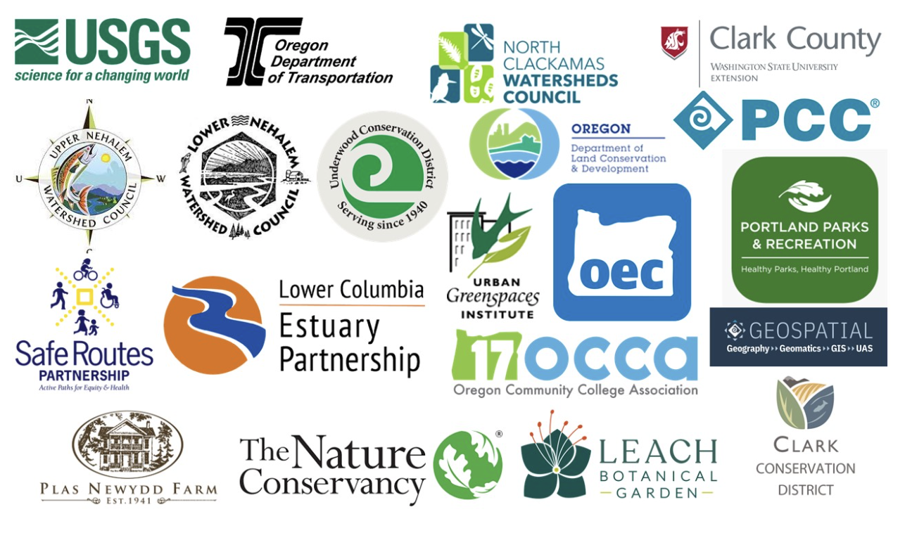 Internship partner logos: USGS, ODOT, North Clackamas Watersheds Council, Clark County Washington University Extension, Upper Nehalem Watershed Council, Lower Nehalem Watershed Council, Underwood Conservation District, Oregon Department of Land Conservation and Development, PCC, Safe Routes Partnership, Lower Columbia Estuary, Urban Greenspaces Institute, OEC, Portland Parks and Rec, OCCA, Plas Newydd Farm, The Nature Conservancy, Leach Botanical Garden, Clark Conservation District