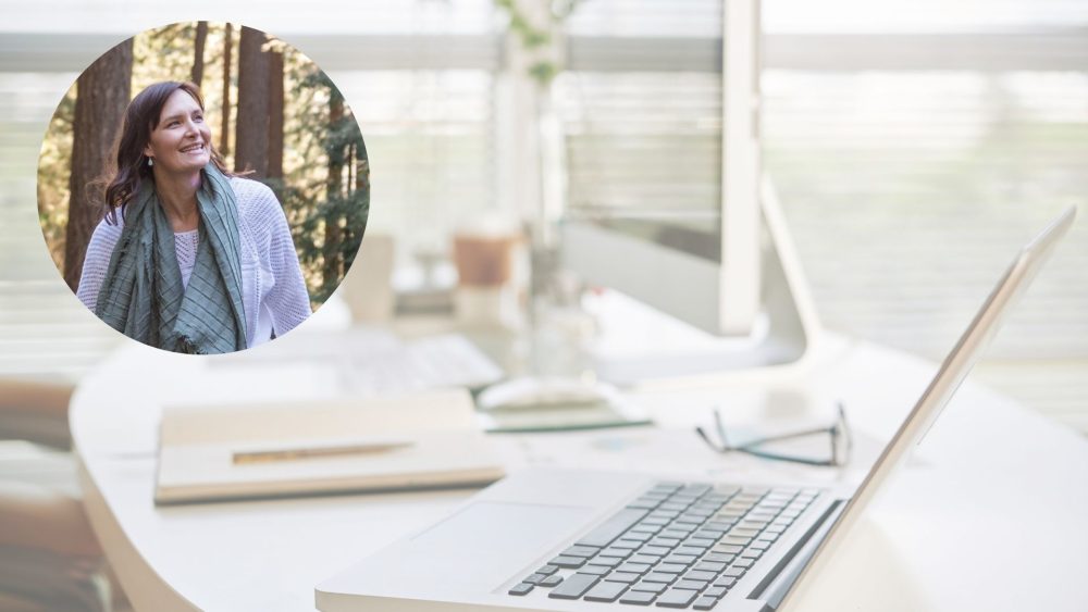 picture of instructor and image of desk with laptop and supplies