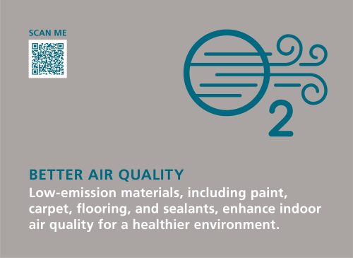 Image describes the Better Air Quality Sign and reads, " Low-emission materials, including paint, carpet, flooring, and sealants, enhance indoor air quality for a healthier environment."