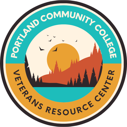 mountains with trees and birds and a body of water landscape with a sunrise. Text reads Portland Community College Veterans Resource Center