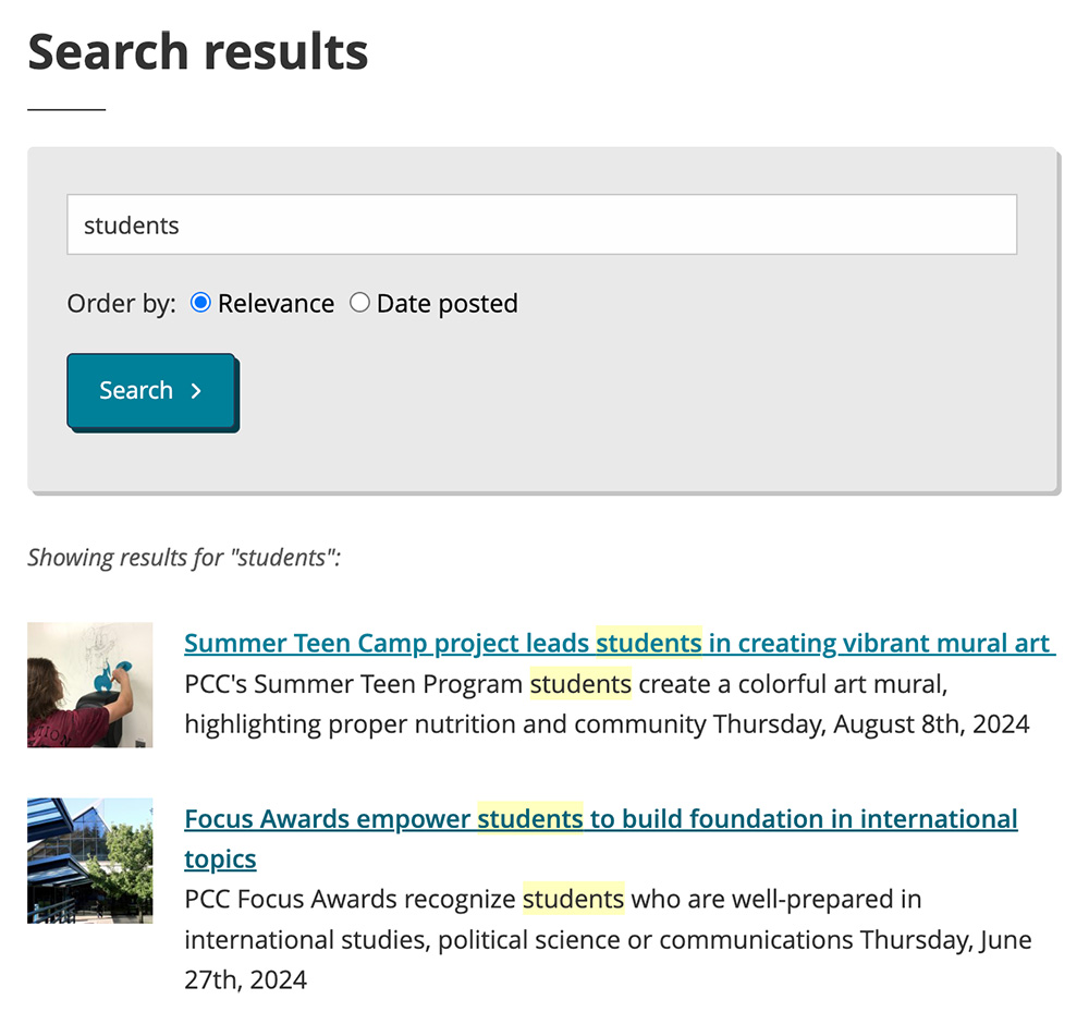 News search results example screenshot