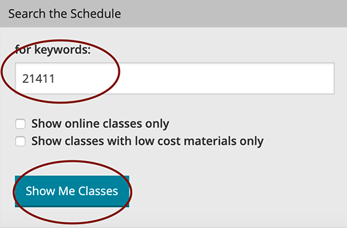 Screenshot of the class schedule main page with the CRN entered in the keywords search box circled, and the show me classes button circled