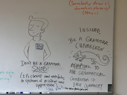 Don't be a grammar snob! Words to live by in the Cascade Writing Center.